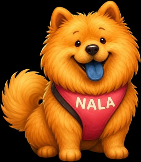 Nala Roonie, a fluffy golden Chow Chow with a blue tongue and a pink harness that says NALA